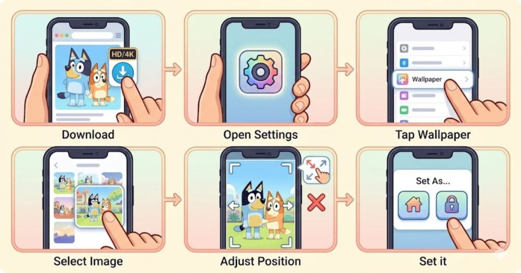 A step-by-step visual guide on how to set a Bluey 4K wallpaper on a smartphone, showing the process from downloading the image to setting it as a lock screen.